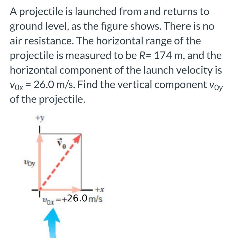 A projectile is launched from and returns to ground level, as the figure shows. There is no air resistance. The horizontal range of the projectile is measured to be R = 174 m, and the horizontal component of the launch velocity is v0x = 26.0 m/s. Find the vertical component v0y of the projectile.